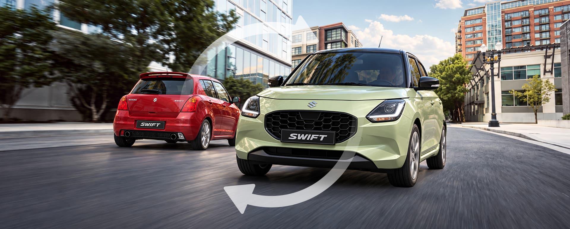 Piros Suzuki Swift hátulnézetből és világoszöld Suzuki Swift elölnézetből