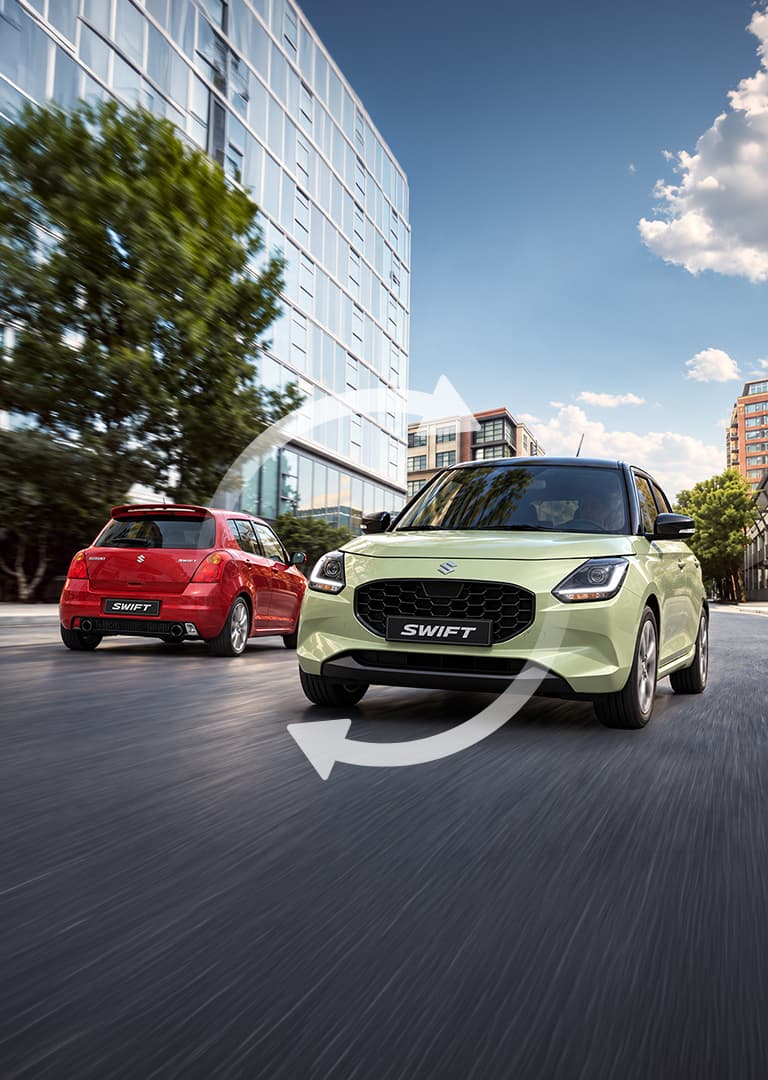 Piros Suzuki Swift hátulnézetből és világoszöld Suzuki Swift elölnézetből